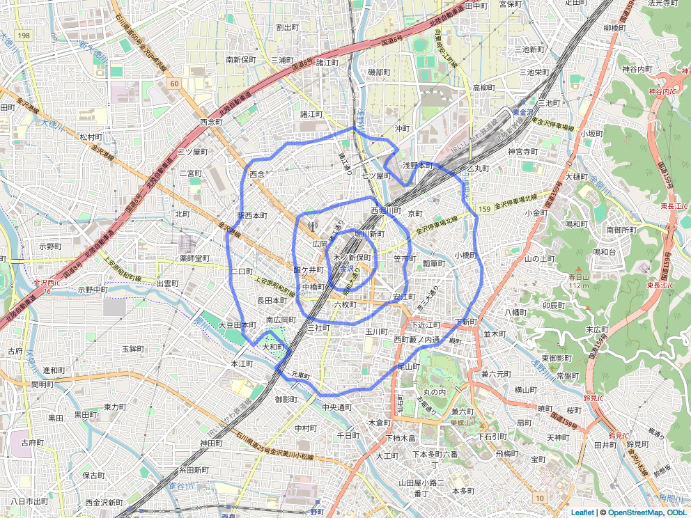 金沢駅からの等時線(isochrone)